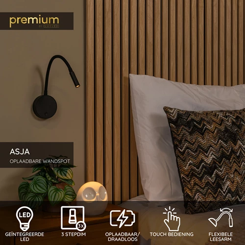 Lucide ASJA - Oplaadbare Wandspot / Wandlamp - Accu/Batterij - LED 3 StepDim - 1x3W 2700K - Zwart | Premium - USP